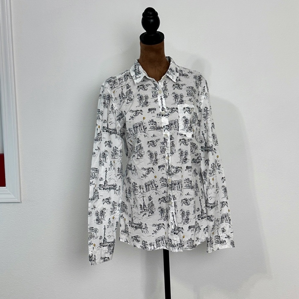 Caslon Paris Sketch Print Button Up Shirt Womens Medium White Good